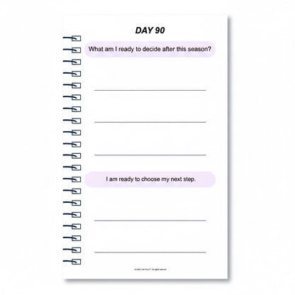 The J.M Press Brave Reset pocket diary page for Day 90, with prompts for reflection and choosing next steps.