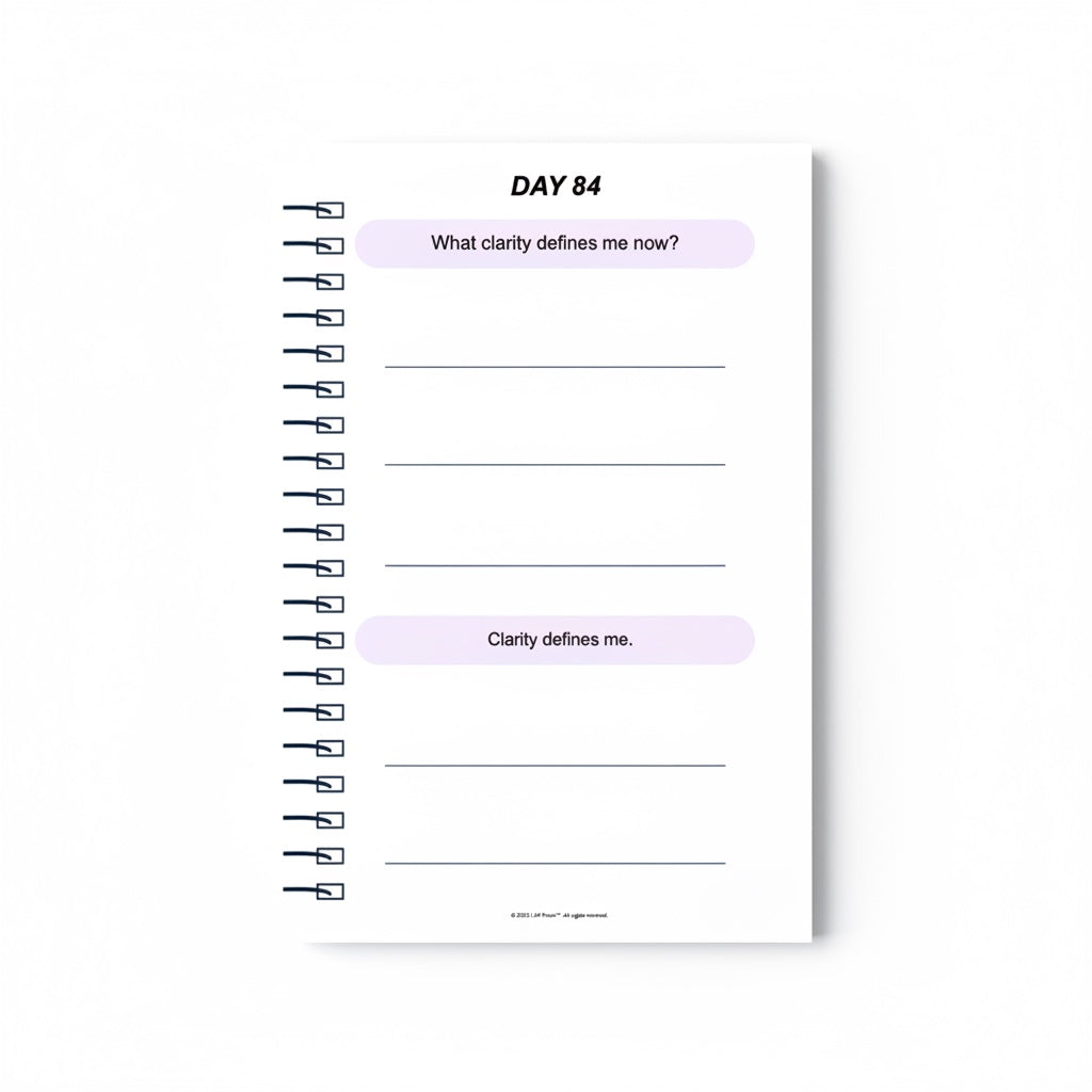 The J.M Press Brave Reset pocket diary, Day 84, with prompts for reflection on clarity and resilience.