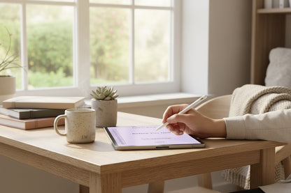 The J.M Press Brave Reset Pocket Diary Duo for confidence and resilience, shown on a tablet with a stylus.
