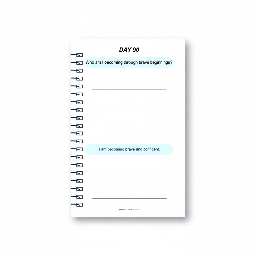 The J.M Press Brave Reset pocket diary, Day 90, with prompts for reflection on confidence and new beginnings.