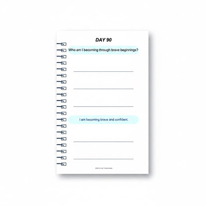 The J.M Press Brave Reset pocket diary, Day 90, with prompts for reflection on confidence and new beginnings.