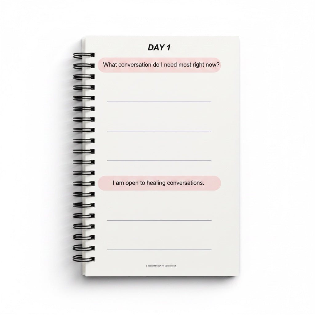 The J.M. Press Healing & Grief Reflection Pocket Diary Duo, Day 1 page with prompts for emotional recovery and healing conversations.
