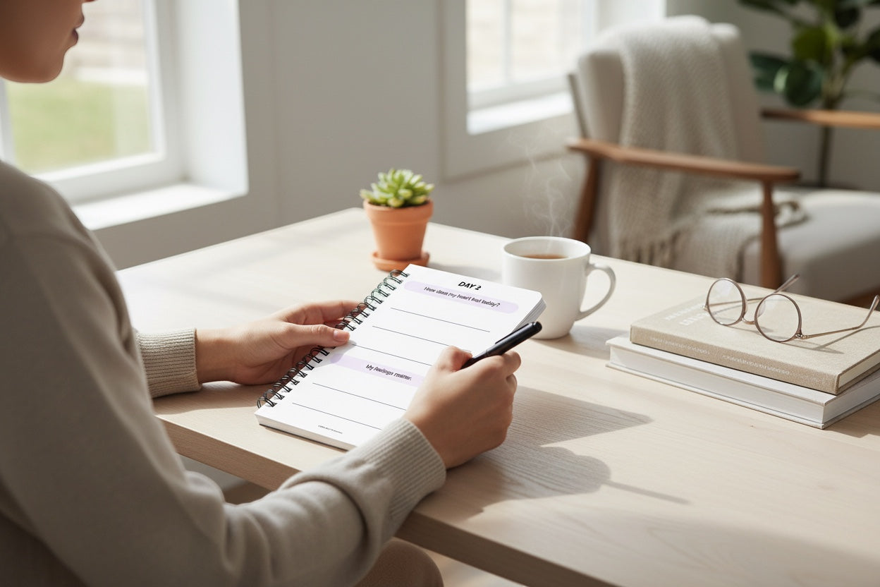 The J.M. Press Healing & Grief Reflection Pocket Diary Duo, a 90-day guided journaling set for emotional recovery, is shown with a person writing in it.