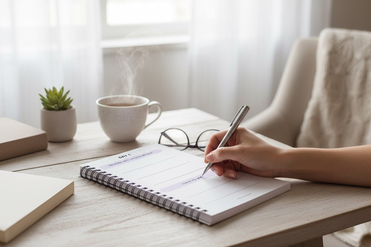 The J.M Press Healing & Grief Reflection Pocket Diary Duo features a hand writing in a guided journal with prompts for emotional recovery. A steaming cup of tea, glasses, and books are on the table.