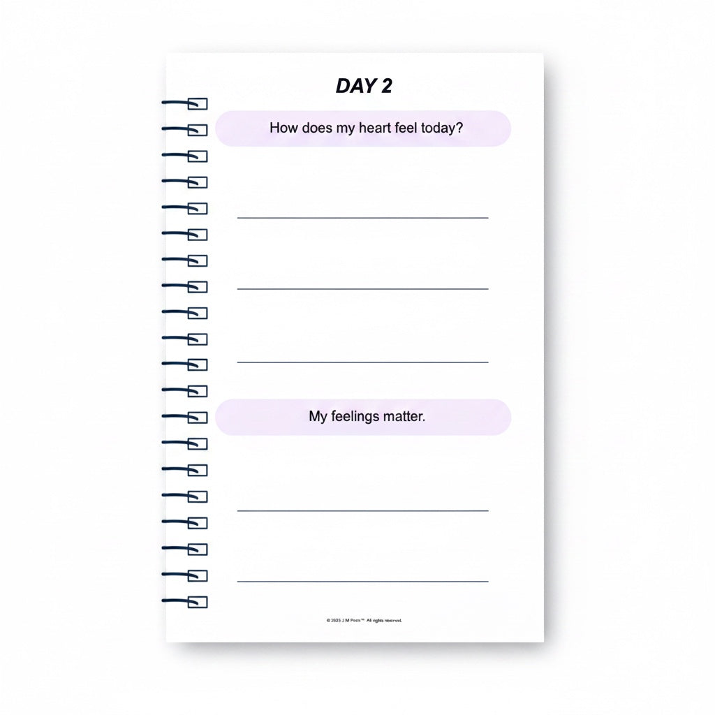 The J.M. Press Healing & Grief Reflection Pocket Diary Duo features a page with prompts like 'How does my heart feel today?' and 'My feelings matter.'