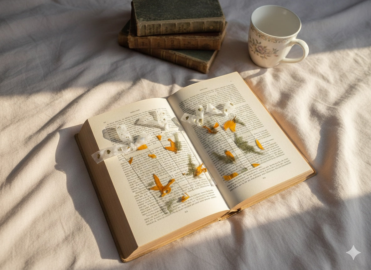 The J.M Press pressed flower bookmarks with orange and white petals and green leaves in clear resin, placed in an open book.