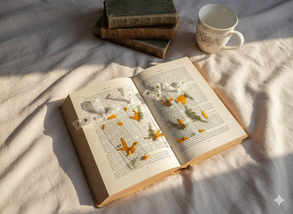 The J.M Press pressed flower bookmarks with orange and white petals and green leaves in clear resin, placed in an open book.
