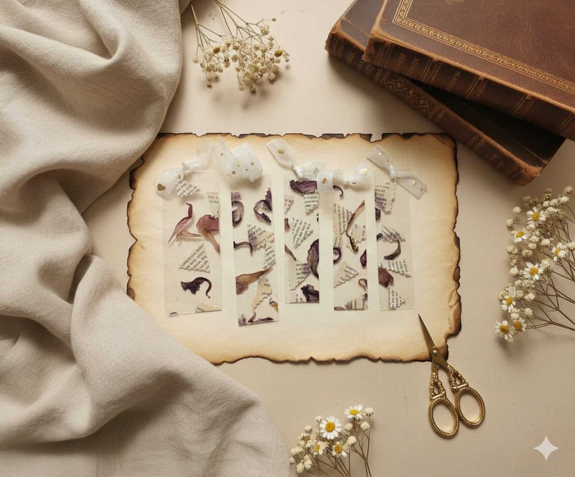 The J.M Press collection of 5 clear resin bookmarks with real pressed purple flowers and text fragments, tied with white ribbon.