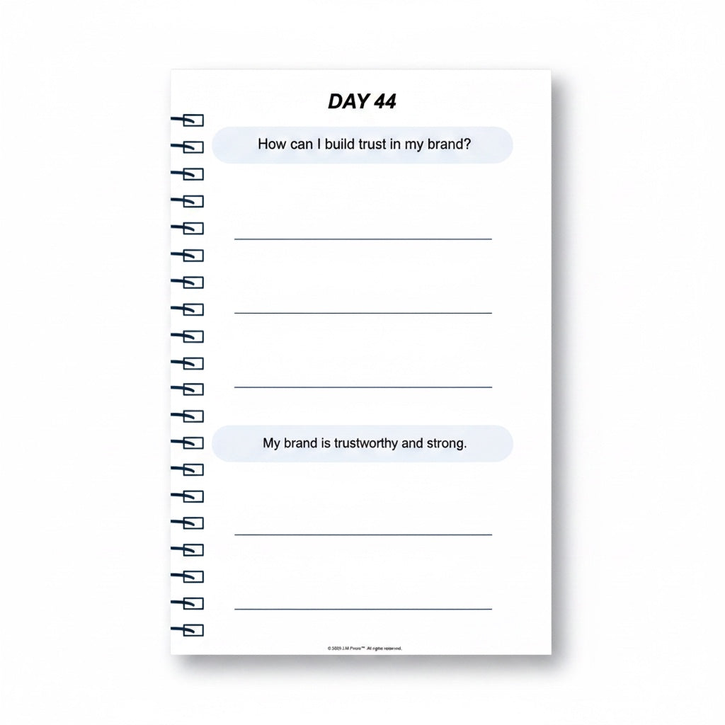 The J.M Press Affirmed In Business Pocket Diary, Volume One, open to Day 44 with prompts on building brand trust.