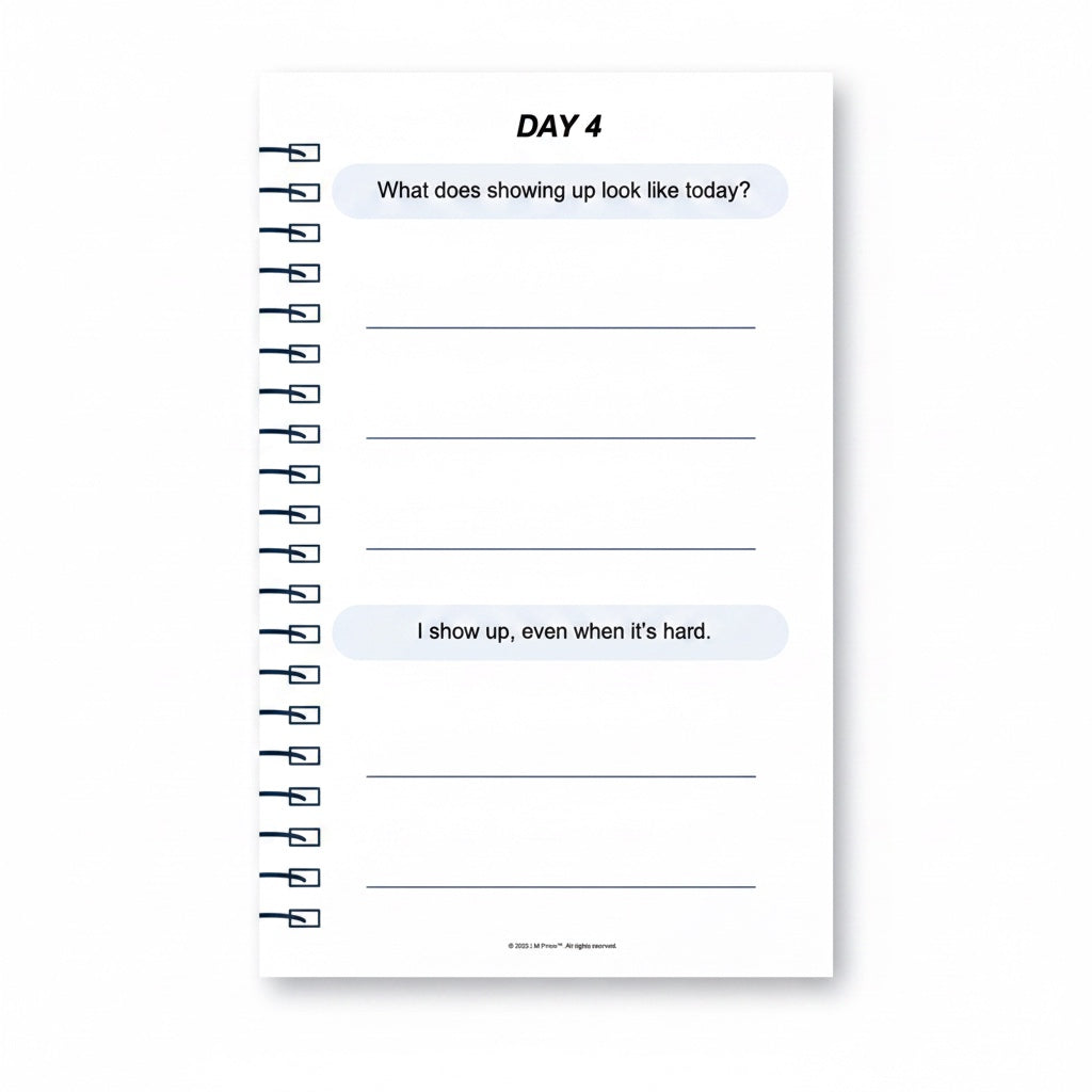The J.M Press Affirmed In Business Pocket Diary Volume One, Day 4 prompt and writing lines. Features a prompt about showing up and an affirmation.