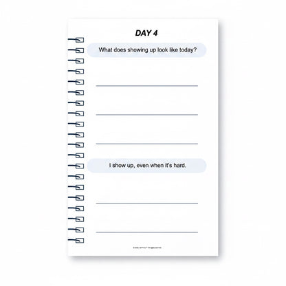 The J.M Press Affirmed In Business Pocket Diary Volume One, Day 4 prompt and writing lines. Features a prompt about showing up and an affirmation.