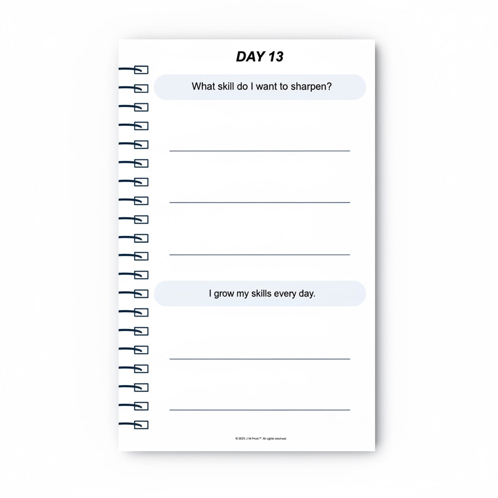 The J.M. Press Affirmed In Business Pocket Diary, Volume One, Day 13, with prompts for skill development and affirmations.
