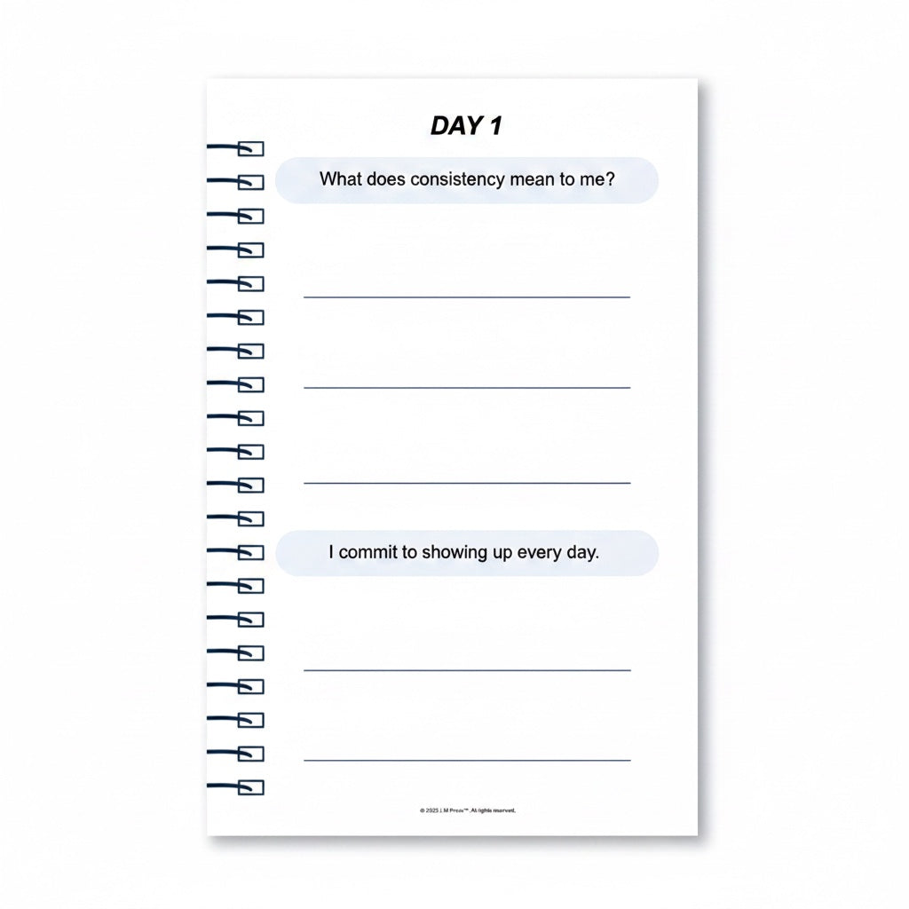 The J.M Press Affirmed In Business Pocket Diary, Volume One, Day 1 prompts for business growth and self-reflection.
