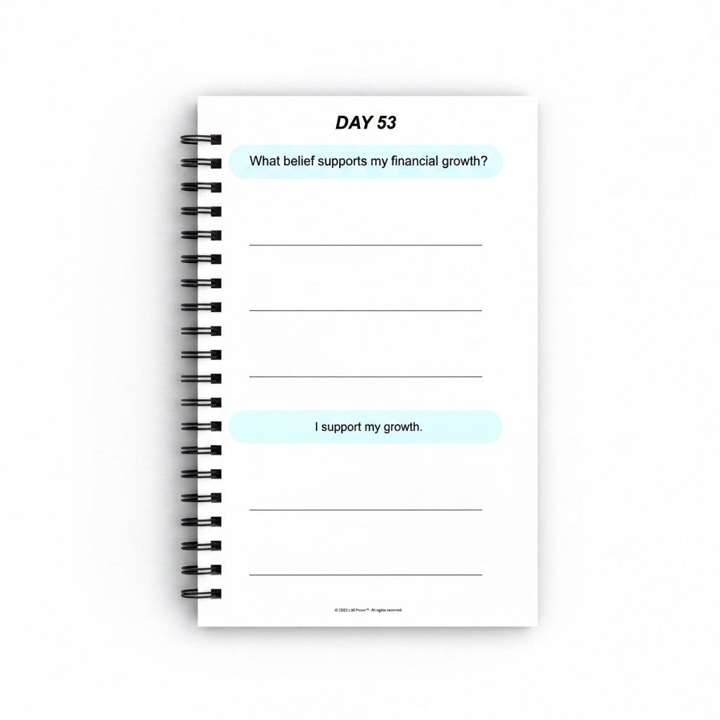 The J.M Press Affirmed In Business Pocket Diary Volume One, spiral-bound notebook with prompts for financial growth and affirmations.