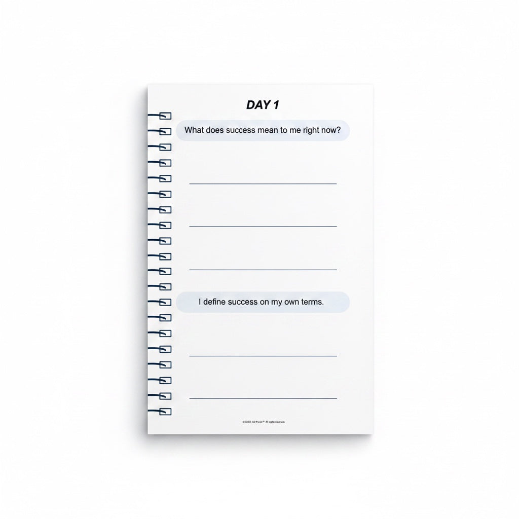 The J.M Press Affirmed In Business Pocket Diary Volume One, a white spiral-bound journal with prompts for defining success.