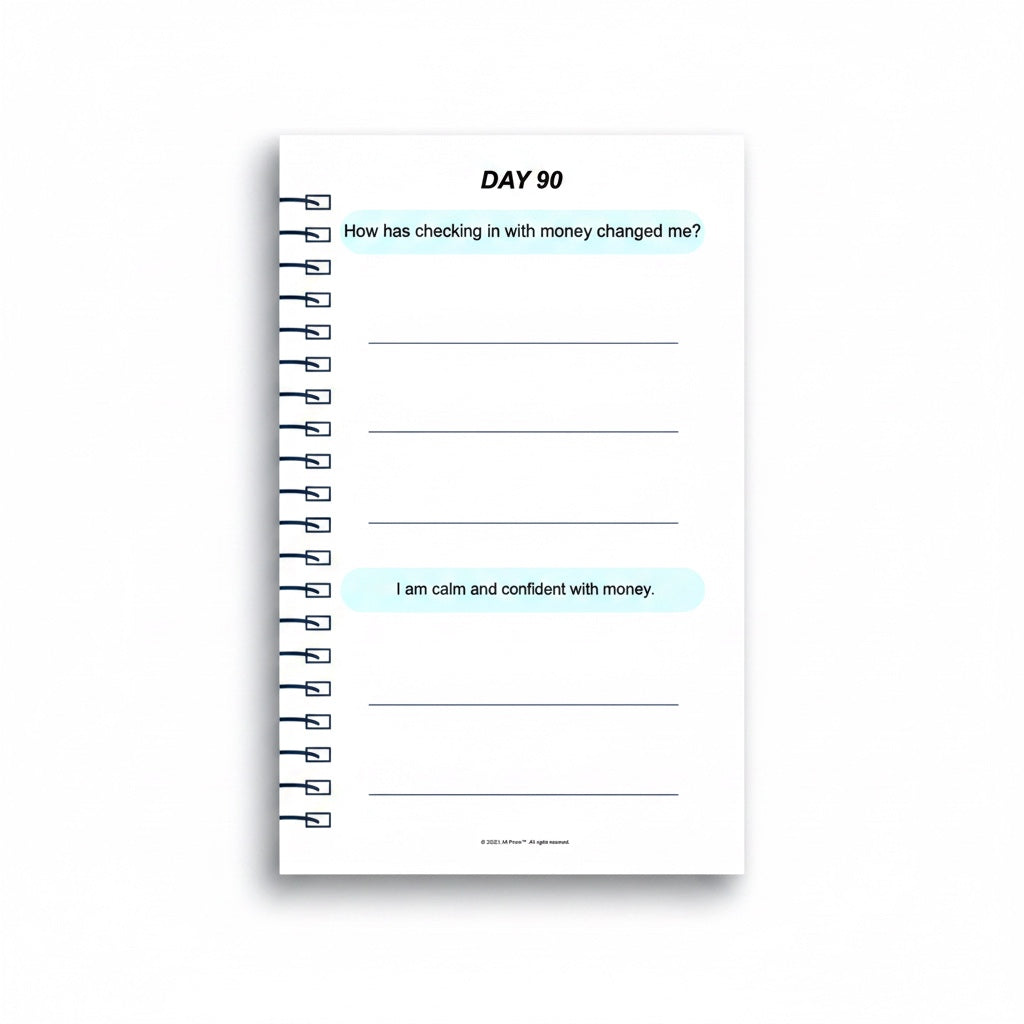 The J.M Press Affirmed In Business Pocket Diary Volume One, Day 90 prompt: How has checking in with money changed me? Includes affirmation: I am calm and confident with money.