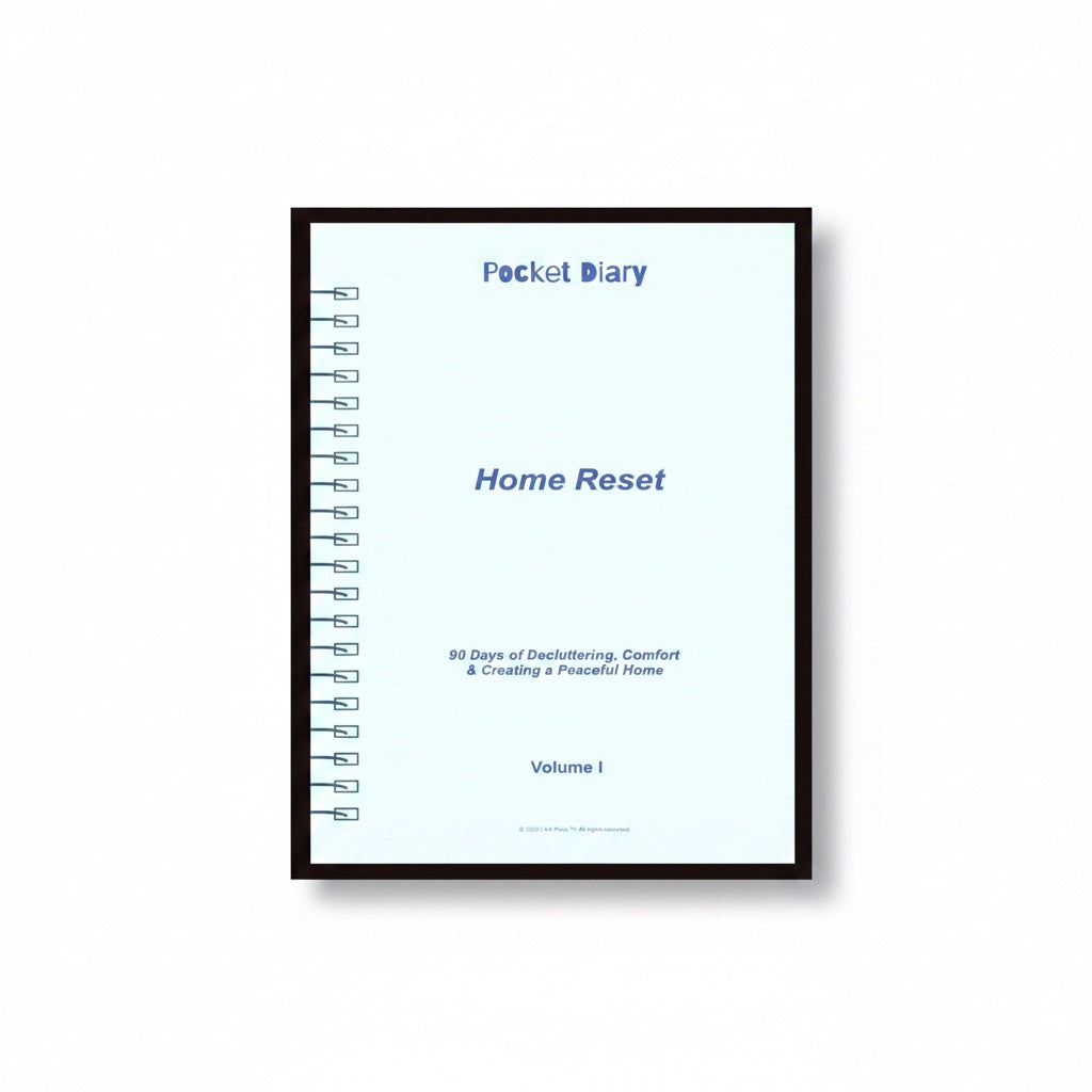 The J.M Press Home Reset Pocket Diary, a light blue journal with spiral binding, guides users through 90 days of decluttering and creating a peaceful home.
