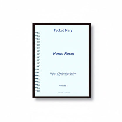 The J.M Press Home Reset Pocket Diary, a light blue journal with spiral binding, guides users through 90 days of decluttering and creating a peaceful home.