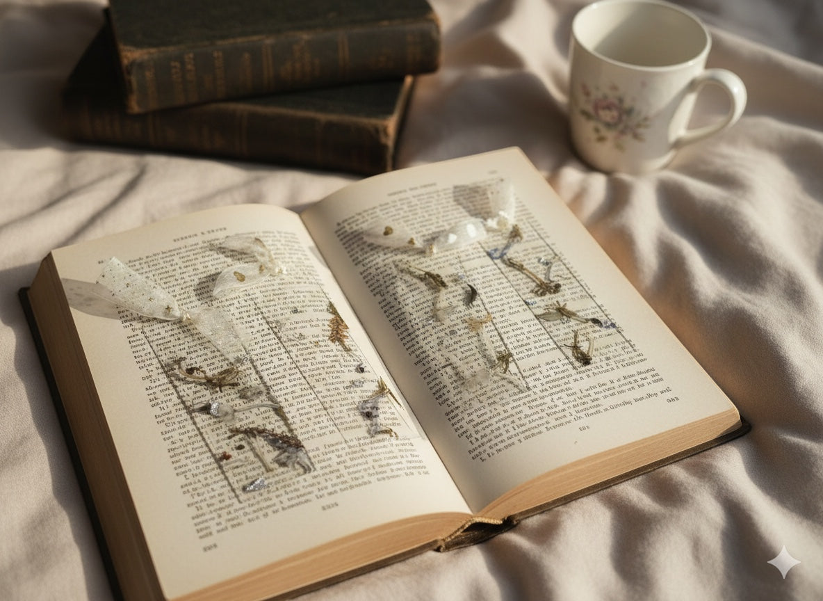 The J.M Press pressed flower bookmarks in clear resin, featuring delicate dried flowers and leaves, placed in an open antique book.