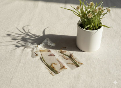 The J.M Press pressed flower bookmarks with real dried flowers and leaves in clear resin, tied with a white ribbon.