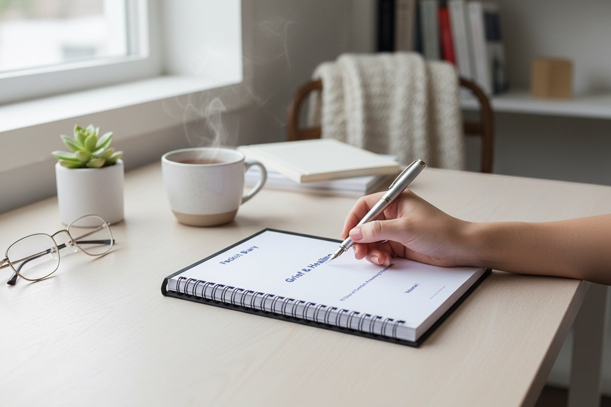 The J.M. Press Grief & Healing Pocket Diary Duo, a 90-day guided journaling set for emotional recovery, with a hand writing in the journal.