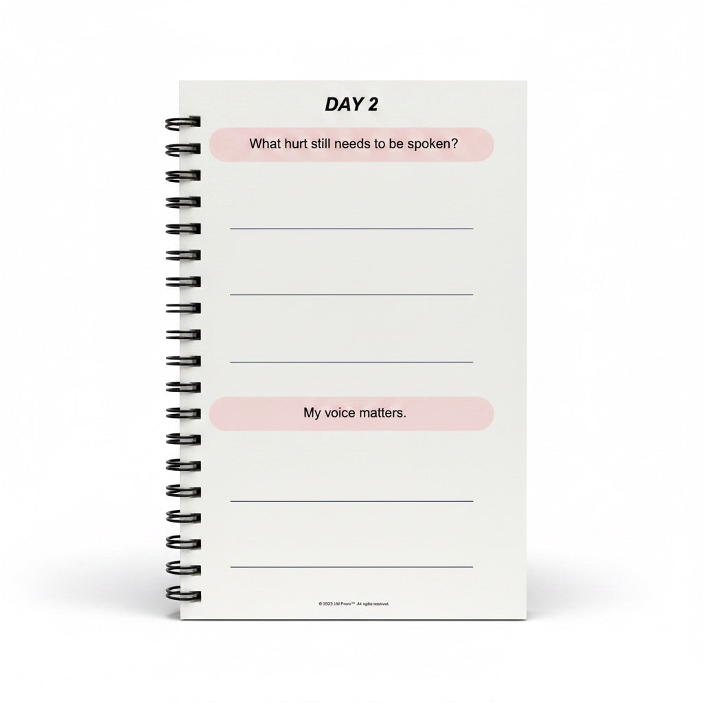 The J.M Press Healing & Grief Reflection Pocket Diary Duo, Day 2 page with prompts 'What hurt still needs to be spoken?' and 'My voice matters.'