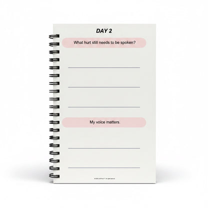 The J.M Press Healing & Grief Reflection Pocket Diary Duo, Day 2 page with prompts 'What hurt still needs to be spoken?' and 'My voice matters.'