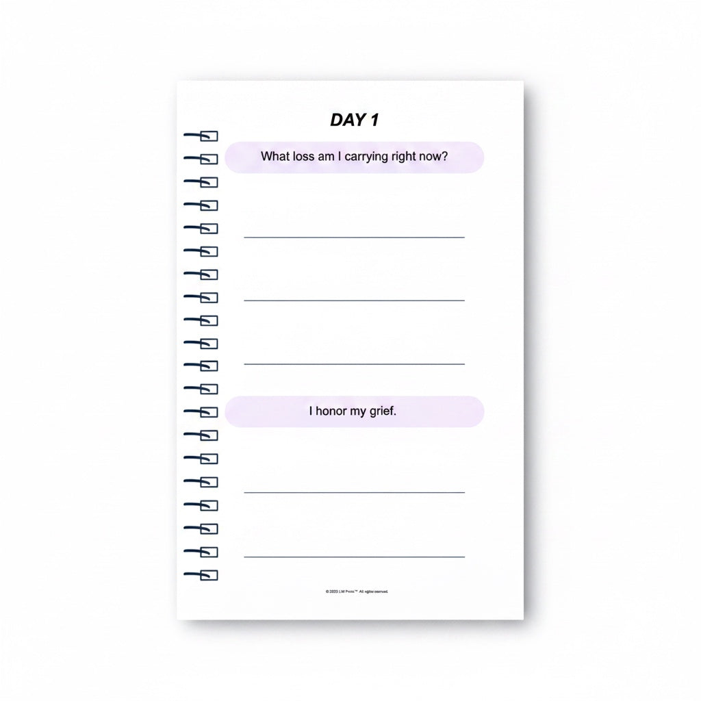 The J.M Press Healing & Grief Reflection Pocket Diary Duo, Day 1 page with prompts for emotional recovery and journaling.