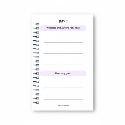 The J.M Press Healing & Grief Reflection Pocket Diary Duo, Day 1 page with prompts for emotional recovery and journaling.